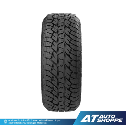 Tire with tread pattern on a white background, featuring AT Auto Shoppe logo.